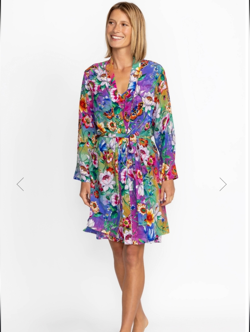Johnny Was Evelyn Floral SIlk Vibrant Floral Tie-Waist Kimono Robe NO BELT Small